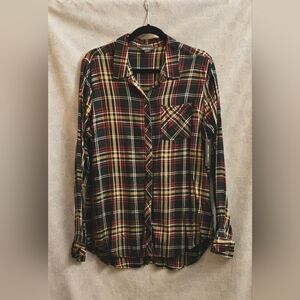 Eddie Bauer Women's Viscose Plaid Button Down Shirt Large Navy Blue Red Multi